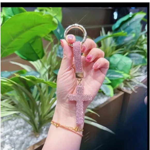 Pink Sparkly Rhinestone Cross Keychain - Picture 4 of 5